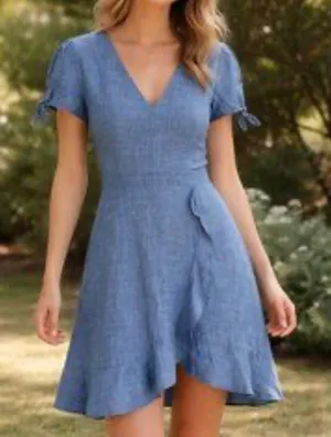 J.Crew‎ Chambray Denim Fit & Flare Dress Size 4 Blue V-Neck Flutter Sleeve thumbnail 1