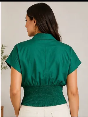 Maeve by Anthropologie Women’s Emerald Green Smocked Waist Zip-Front Top Size S thumbnail 6