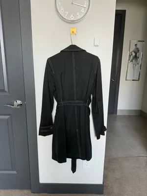 Vintage Banana Republic Black Cotton Trench Coat Contrast Stitch Belted L thumbnail 12