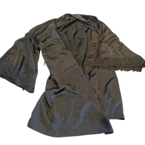 Victorias Secret Black Satin Lace Trim Kimono‎ Robe Womens Size M/L Short Wrap thumbnail 1