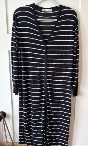 Zara Navy & White Striped Button-Front Long Cardigan thumbnail 1