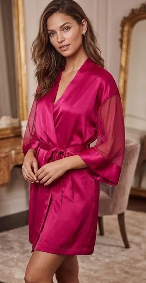 Victoria's Secret Pink Satin Sheer Sleeve Tie Waist Kimono Robe One Size thumbnail 1