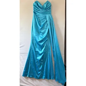 Lulus Turquoise Blue Satin Strapless Ruched Maxi Dress HD2848 Prom Gown thumbnail 5