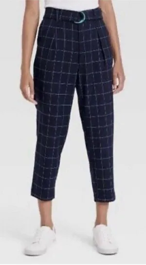 A New Day plaid Tapered crop Pants High Rise Size 14 Navy Blue Belted NEW thumbnail 1