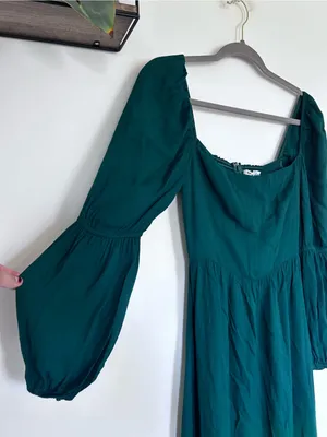Reformation Emerald Green Long Puff Sleeve Square Neck Midi Dress Size 2 thumbnail 3