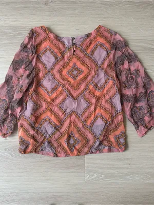 Anthropologie Ignacia Sheer Sequined Blouse Coral Gold Boho Top thumbnail 7