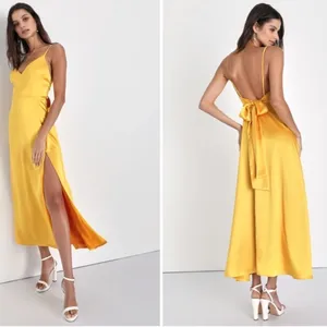 LULU's Prom Wedding Bridesmaid Glamorous Satin Open Tie Back Back Midi Dress thumbnail 3