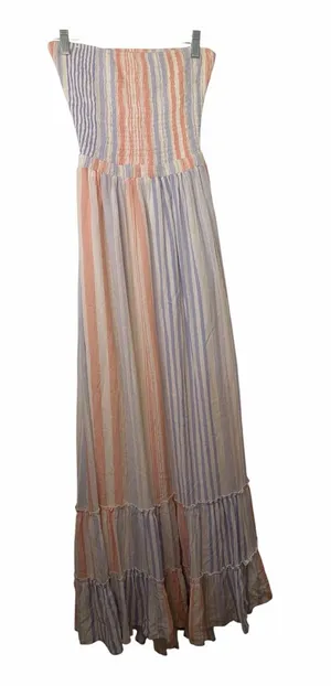 Miss Avenue Striped Strapless Maxi Dress in Peach & Light Blue thumbnail 1