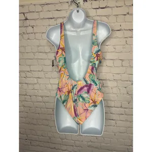 Bar III Women's XL Plunge Lace-Up Tropical Print‎ One Piece Swimsuit NWT thumbnail 3