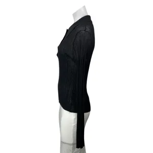 French Connection Women's Black Ribbed Knit Long Sleeve Henley Blouse Top Size L thumbnail 2