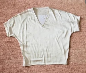 Pearl Ivory Satin Front Knit Back Oversized V Neck Blouse thumbnail 1