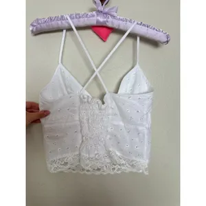 Handmade White Eyelet Lace Tank Top w Lace Trim Coquette Ruched Back thumbnail 4
