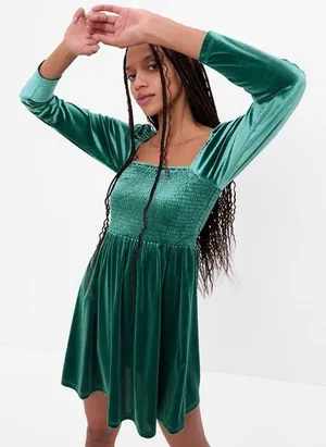 Gap Smocked Velvet Long Sleeve Square Neck Mini Party Dress Pine Green thumbnail 1