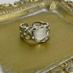Silver Moonstone Gemstone Textured Antique Vintage Adjustable Open Ring thumbnail 2