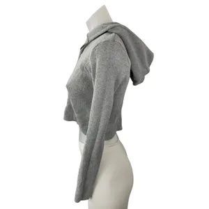 Brandy Melville Women's Gray Ribbed Knit Full Zip Crop Hoodie Sweatshirt Top S thumbnail 3