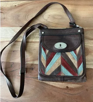 Fossil Maddox patchwork mini crossbody bag purse flap leather suede herringbone thumbnail 1