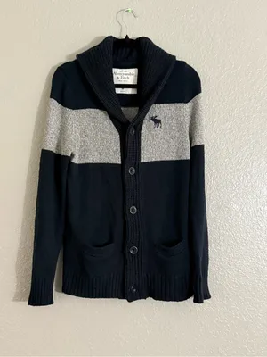 Abercrombie & Fitch Womens M Navy Gray Moose Shawl Collar Cardigan Sweater thumbnail 5