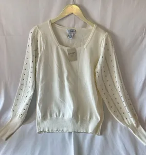 Carmen Marc Valvo Women's White Embellished Knit Square Neck Top Size L NWT thumbnail 1