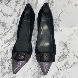 Stuart Weitzman Barrington Black Purple Glitter Buckle Heels Women's Size 9 thumbnail 2