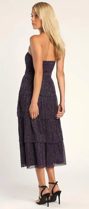 Lulus NWT Tier to Dance Purple Shiny Lurex Tiered Strapless Midi Dress thumbnail 4