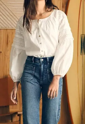Faherty Enna White Cotton Lave Pintuck Top XS Cottagecore Prairie Peasant Blouse thumbnail 1