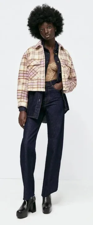 Zara Cropped Plaid Jacket Shacket Purple Cream‎ Size Large thumbnail 1