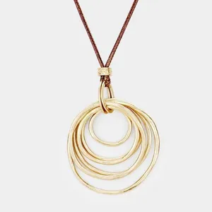 New Womens Boutique Worn Gold Layered Metal Hoop Pendant Long Necklace thumbnail 2