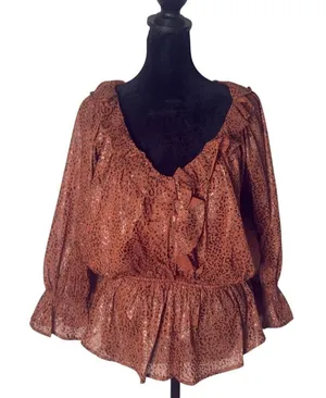 Entro Leopard Print Ruffled Peplum Blouse Womens S Brown V Neck 3/4 Sleeve NEW thumbnail 1