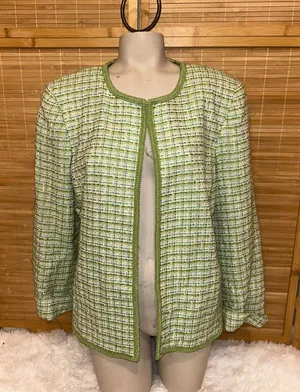 Sag Harbor tweed jacket green blue plaid open front jacket one hook blazer 12P thumbnail 1