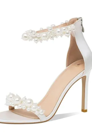 Amazon yowmns White Women's Heeled Sandals Pearl Decoration Open Toe Stiletto Heels Wedding Sexy Back Zipper Cover Pumps Evening Party Shoes Handmade Elegant High Heels Summer thumbnail 13