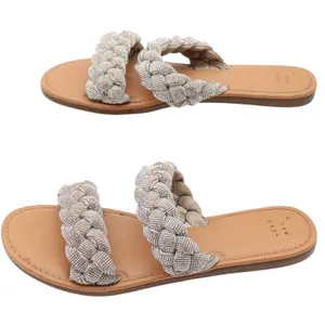 A New Day Slide Sandals Womens 8 Braided Rhinestone Silver Tan Flat Excellent thumbnail 2