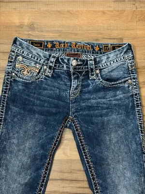 Rock Revival Luisa low rise straight med wash faded Embellished denim jeans 27 thumbnail 2