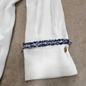 Zara White Button Down Blouse Blue Braided Tweed Trim‎ Gold Button Small thumbnail 7