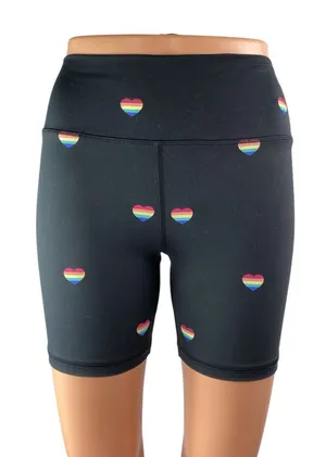 Spritual Gangster Black Rainbow Hearts High Rise Yoga Athletic Biker Shorts Sz S thumbnail 1