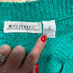 Illustrations Vintage Teal Chunky Knit V-Neck Sweater‎ Vest Ramie Cotton Small thumbnail 3