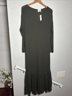 NEW Anthropologie Taylor Ribbed Maxi Dress Saturday Sunday Olive Green Medium thumbnail 3