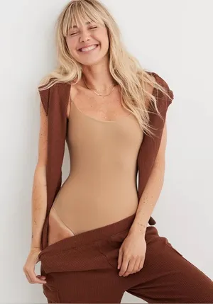 Aerie Smoothez scoop bodysuit seamless shapewear beach dune nude thong thumbnail 1