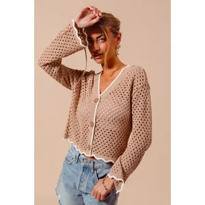 SO‎ ME Open Knit Light Weight Sweater Cardigan With Contrast Wavy Scallop Edge L thumbnail 6