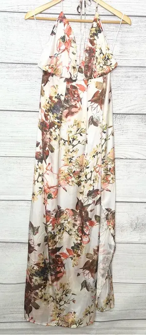 L'ATISTE Cream Floral Satin Halter Maxi Dress with Slit Size Large thumbnail 1
