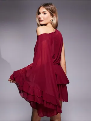 ASOS DESIGN stretch chiffon one sleeve ruffle mini dress in burgundy Size S thumbnail 2