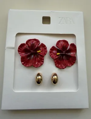 Zara Red Hibiscus Flower Floral Earring Set Gold‎ Bohemian Resort thumbnail 1
