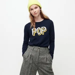 J.Crew‎ Cashmere Sweater Women SM Navy Blue Pop Art Graphic Intarsia Knit Top thumbnail 2