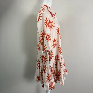 Petal & Pup Ren Soleil Sun Print Mini Dress Ruffle Bell Sleeve Cream Orange Med. thumbnail 3