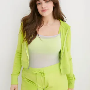 Aerie Real Good Neon Lime Green Velour Cropped Zip Up Hoodie Medium thumbnail 11