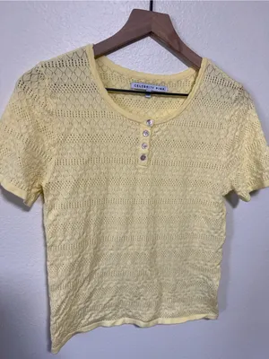 💛Celebrity Pink Yellow Crochet Short Sleeve Henley Top thumbnail 3