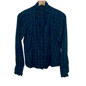 BROOKS BROTHERS Women's 8 Tartan Navy Plaid Long Sleeve Button Top Ruffle Neck thumbnail 3