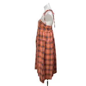 Collusion Orange Blue Plaid Check Sleeveless Tie Tiered A Line Midi Dress Size 6 thumbnail 2