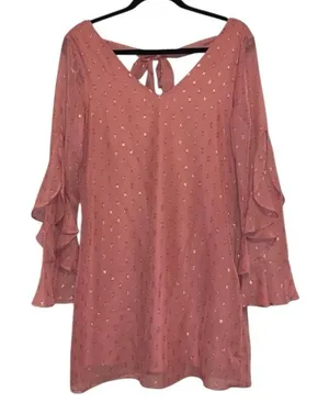 NWT‎ I.N. San Francisco Pink Swiss Dot Ruffle Sleeve Tie Back Dress thumbnail 1