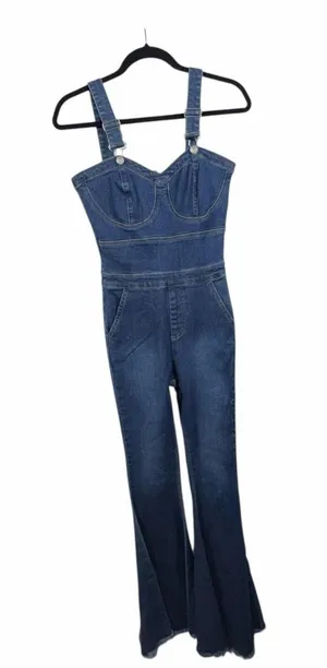 Peach Love California Denim Jumpsuit Women’s Small Flare Leg Adjustable Straps thumbnail 1