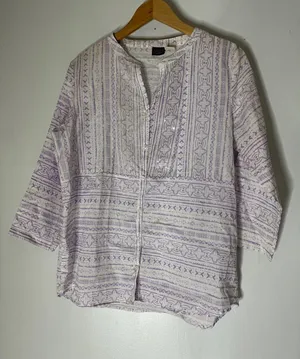 Salon Studio 3/4 Sleeve Button‎ Down White Purple Print Sequin Detail Top Medium thumbnail 1